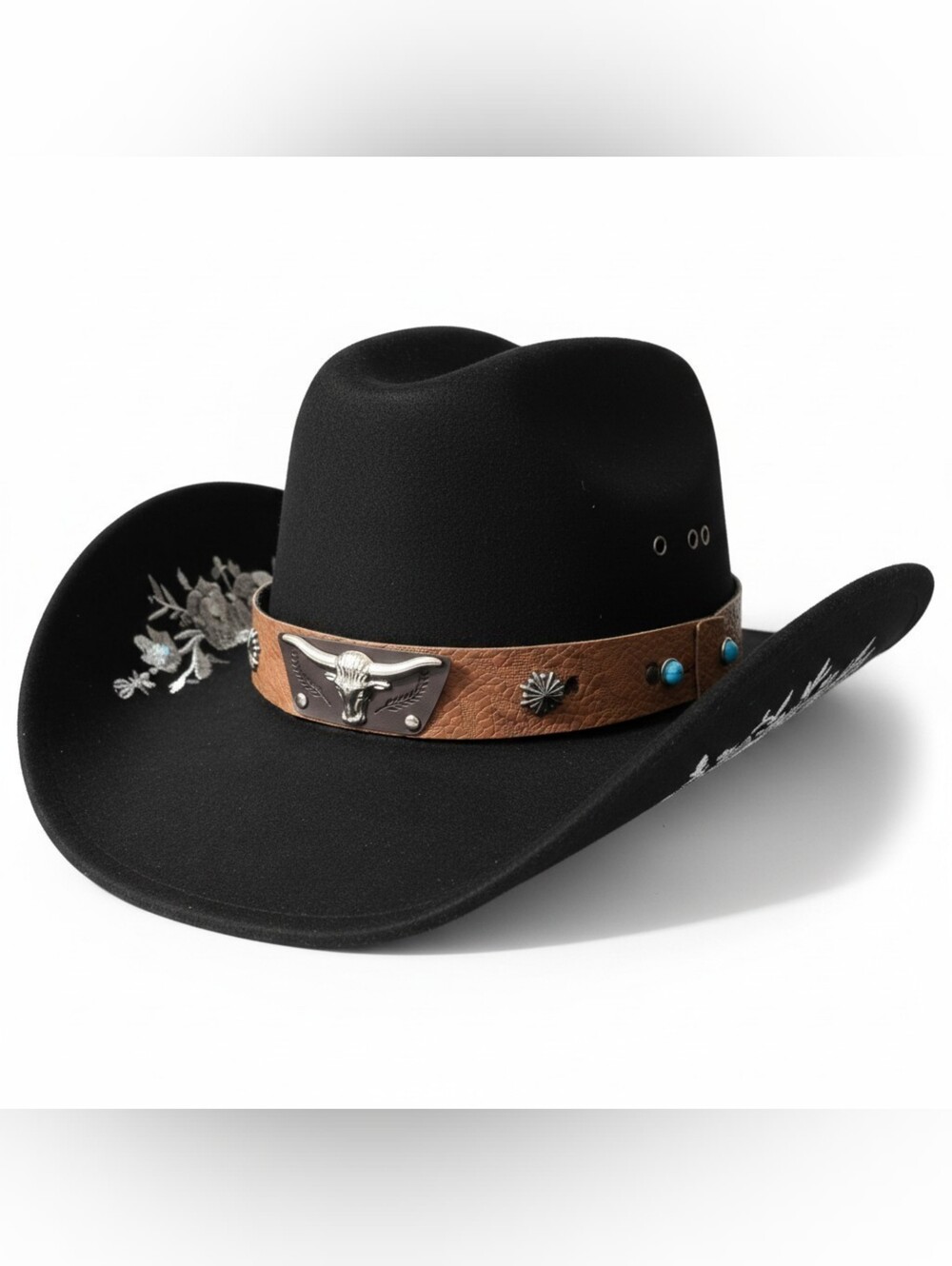 Black Floral Embroidered Cowgirl Cowboy Hat Western Longhorn Turquoise Design